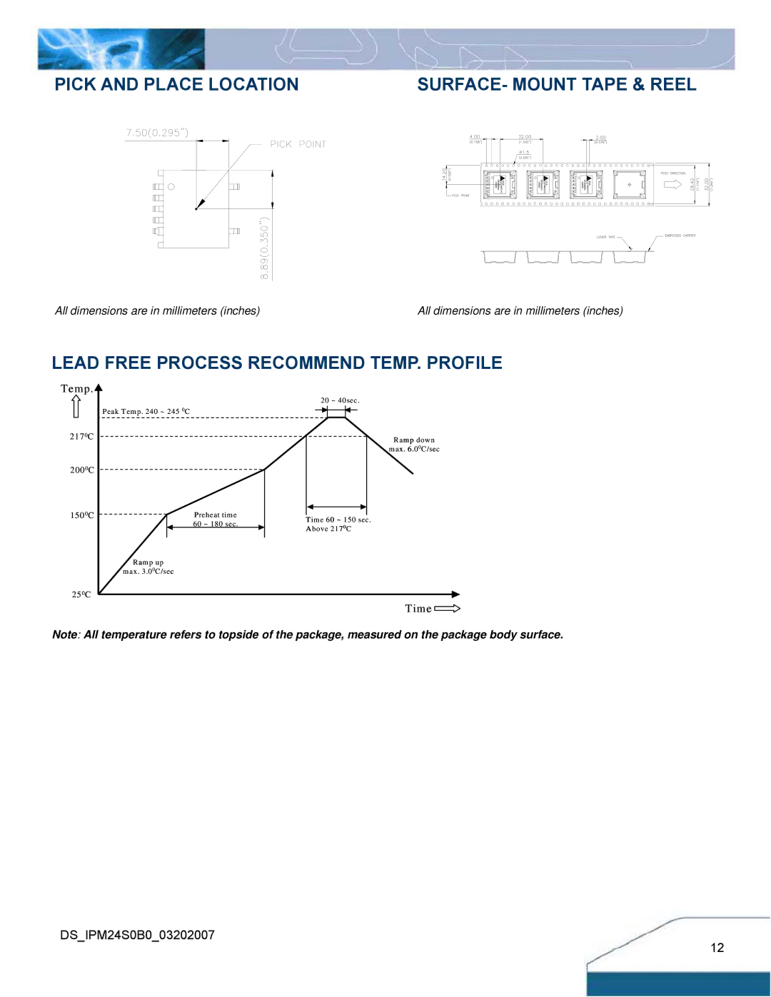 Delta Electronics IPM24S0B0 manual Pick and Place Location, Lead Free Process Recommend TEMP. Profile 