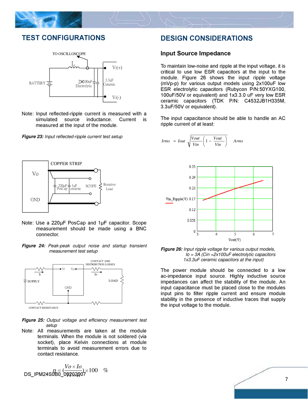 Delta Electronics IPM24S0B0 manual Test Configurations, Design Considerations, Input Source Impedance 