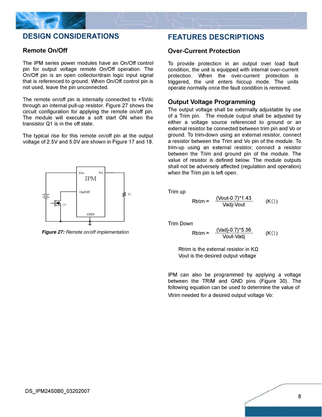 Delta Electronics IPM24S0B0 Features Descriptions, Remote On/Off, Over-Current Protection, Output Voltage Programming 