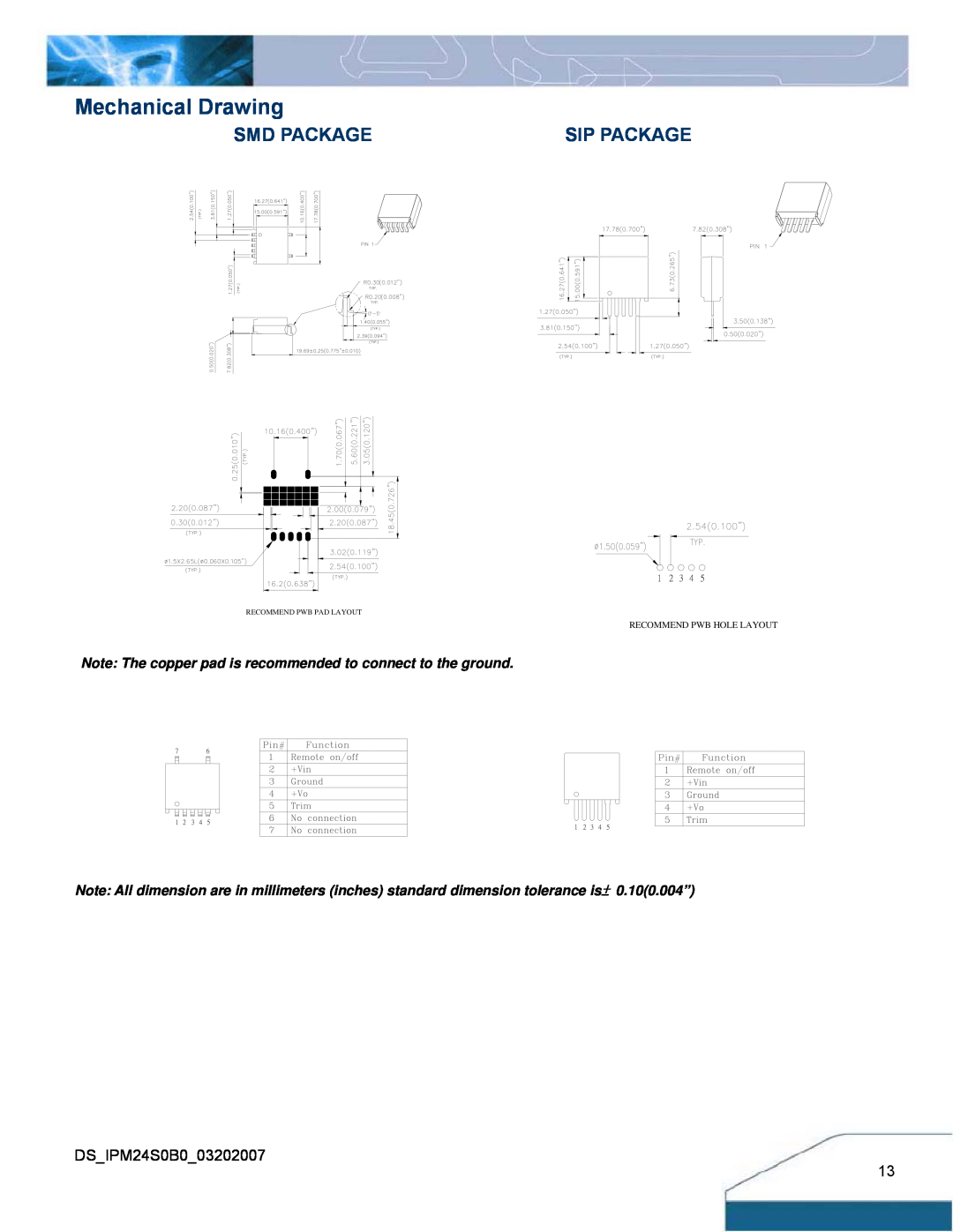Delta Electronics IPM24S0B0 manual Mechanical Drawing, Smd Package, Sip Package, 1 2 3 4, Recommend Pwb Hole Layout 