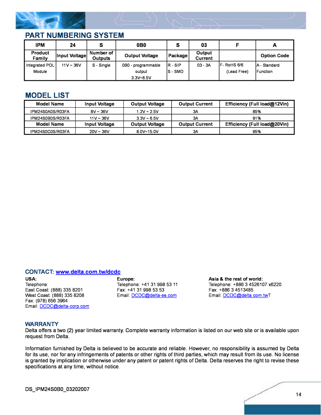 Delta Electronics IPM24S0B0 manual Part Numbering System, Model List, Warranty 