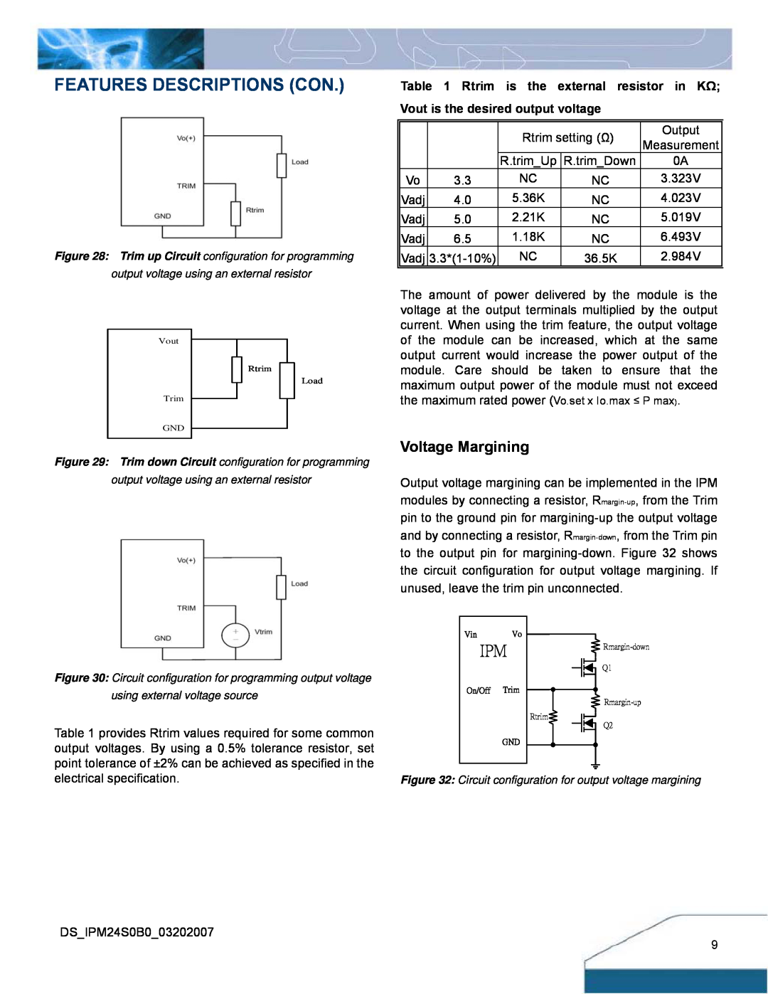 Delta Electronics IPM24S0B0 manual Features Descriptions Con, Voltage Margining 