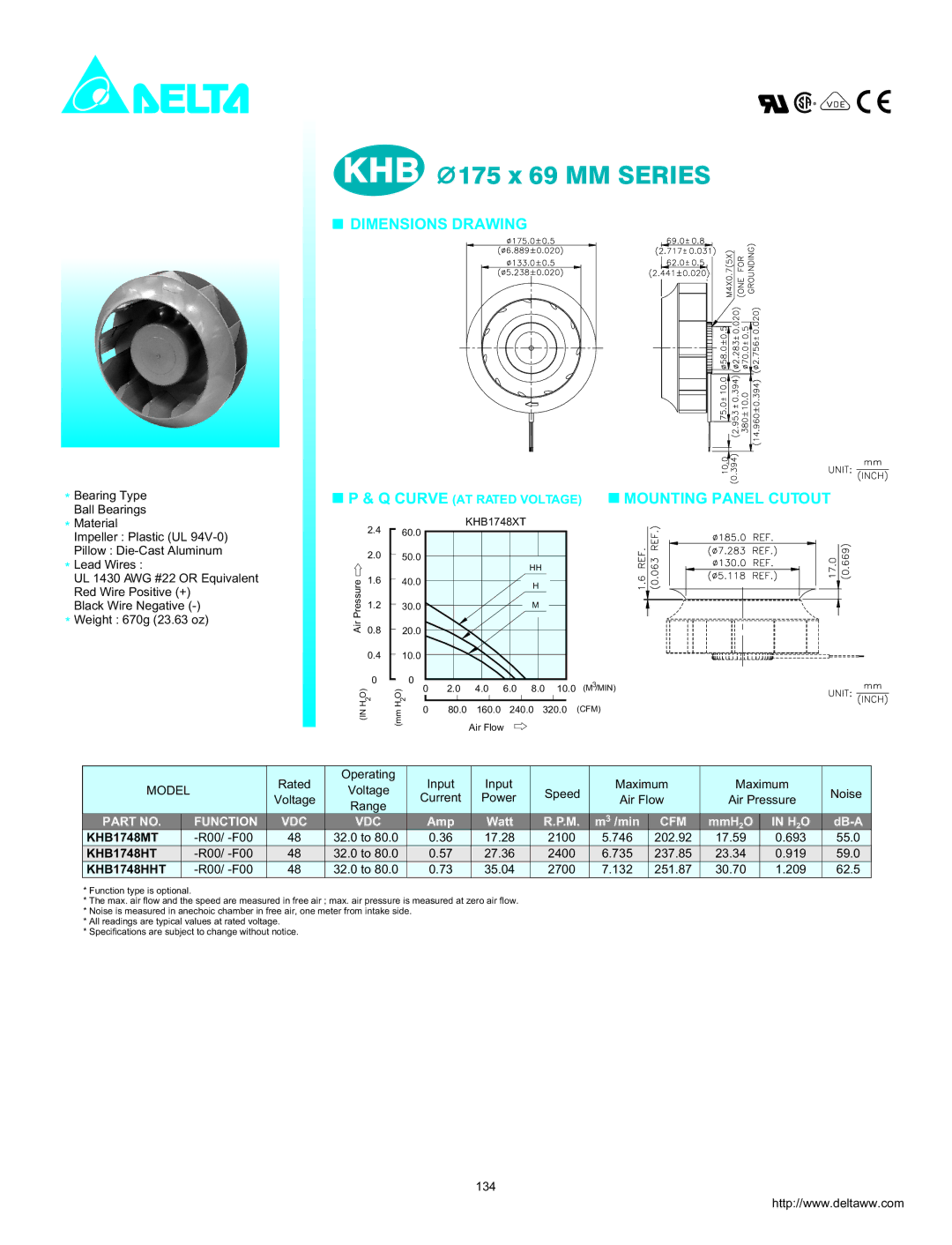 Delta Electronics KHB1748HHT, KHB1748HT, KHB1748MT dimensions Function, H 2O 