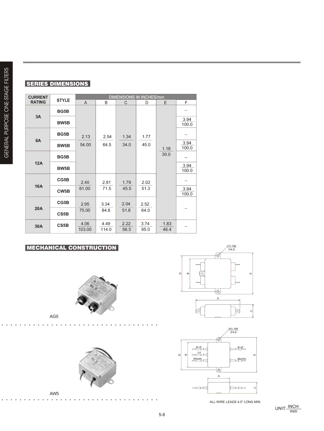 Delta Electronics KPE-LE01 General Purpose ONE-STAGE Filters Series Dimensions, Mechanical Construction, AG5, AW5 