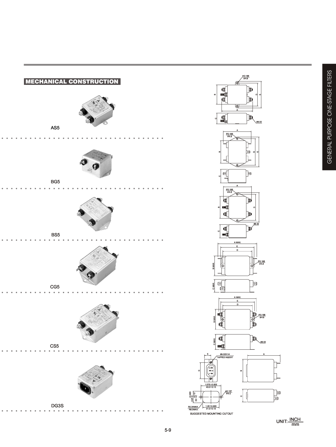 Delta Electronics KPE-LE01 Mechanical Construction, General Purpose One-Stage Filters, BS5 CG5, CS5 DG3S, UNIT INCH mm 