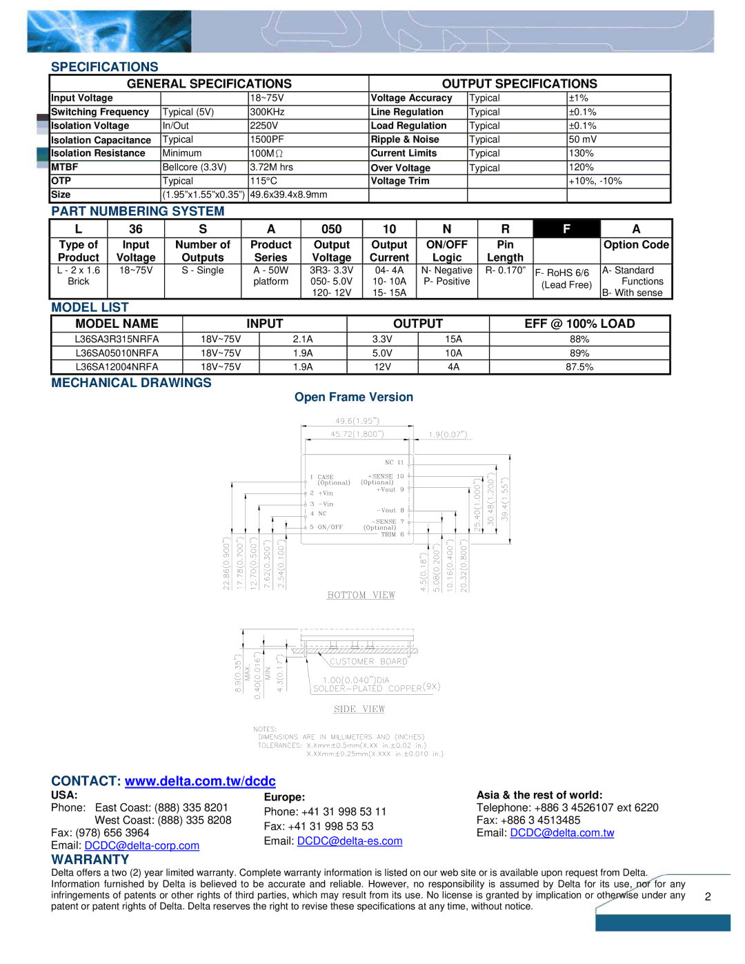 Delta Electronics L36SA manual Warranty, Specifications, System, Model List, Mechanical Drawings 