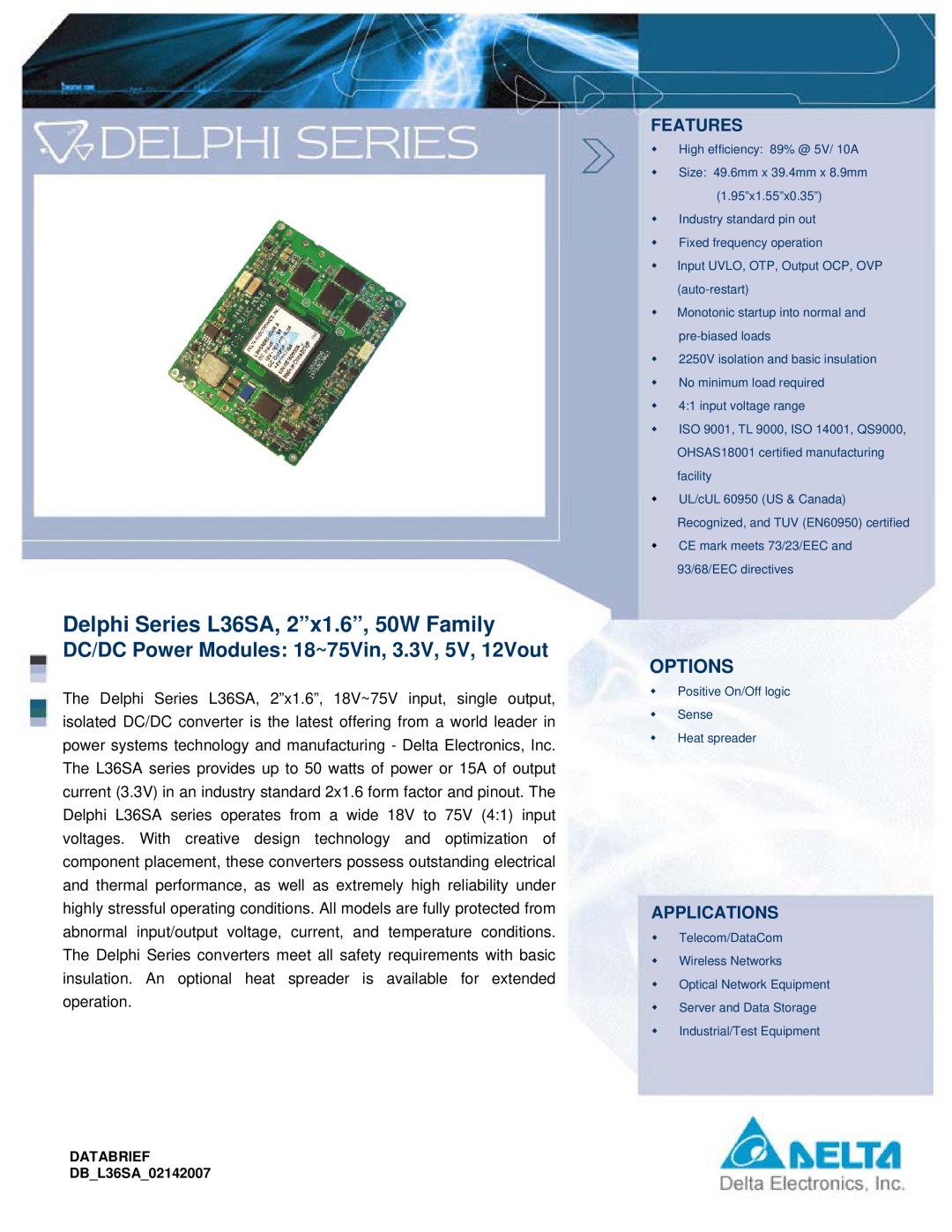 Delta Electronics manual Features, Applications, Delphi Series L36SA, 2”x1.6”, 50W Family, Options 