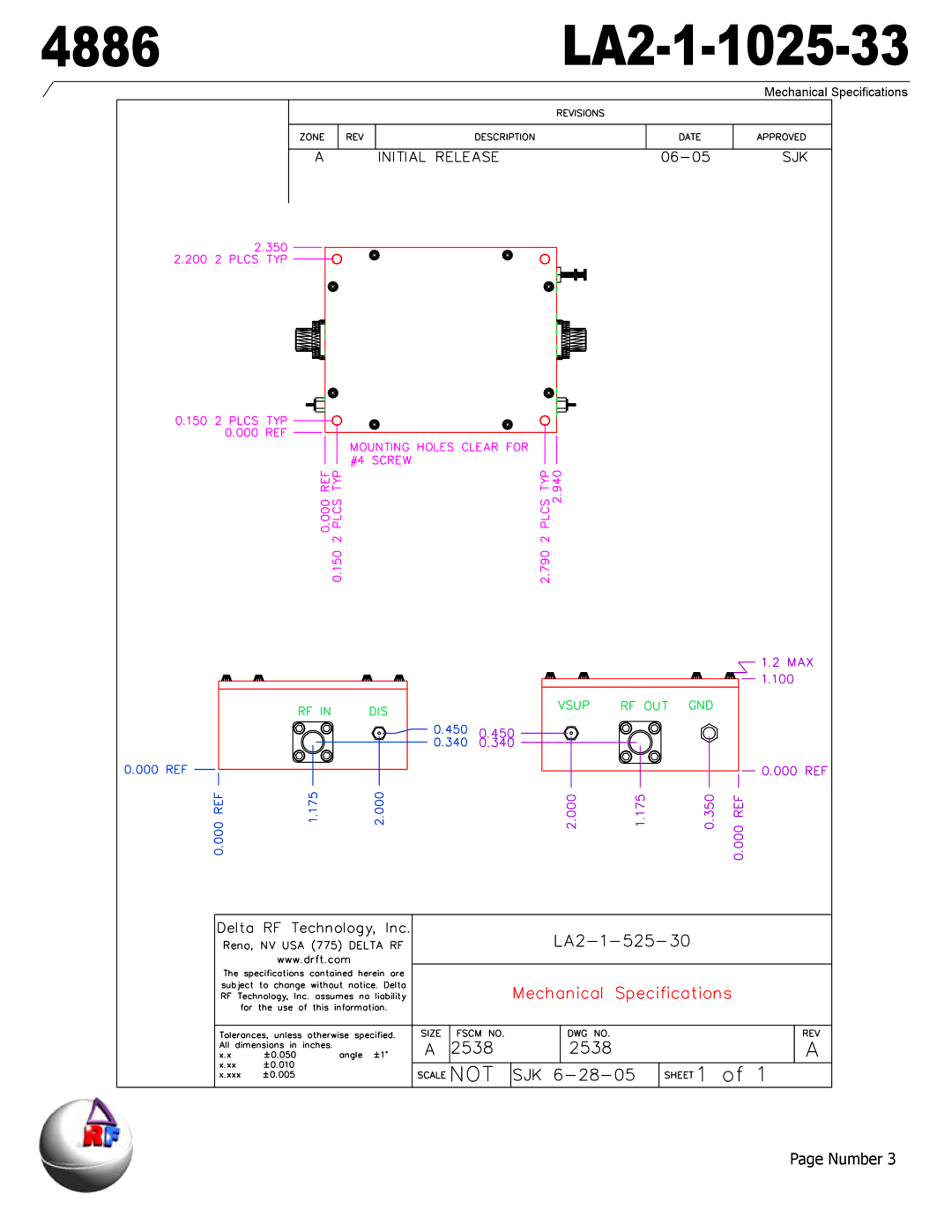 Delta Electronics 4886, LA2-1-1025-33 manual Mechanical Specifications 