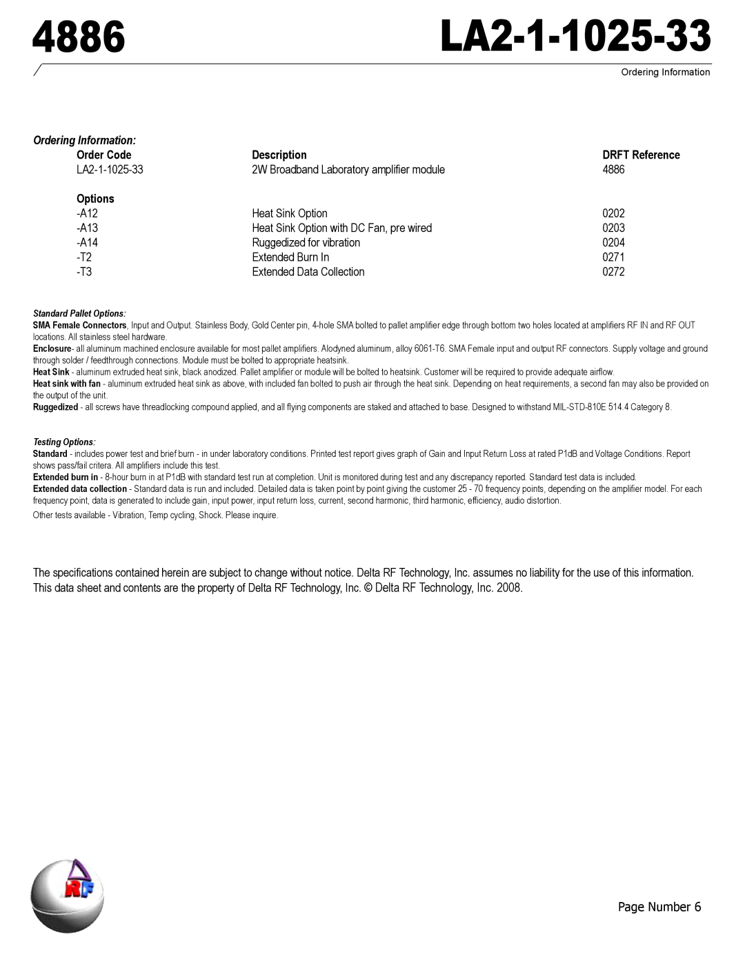 Delta Electronics LA2-1-1025-33, 4886 manual Ordering Information 