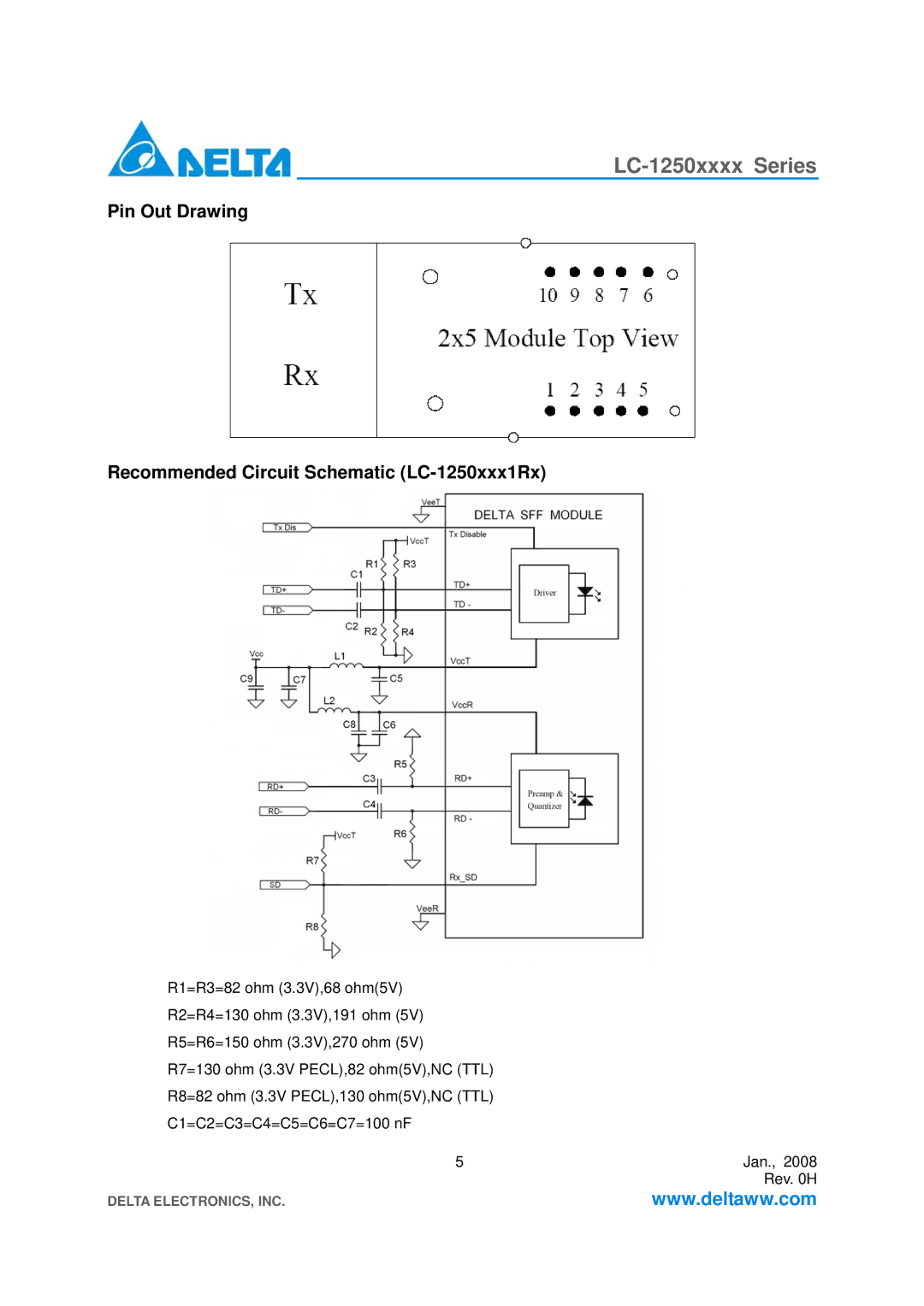 Delta Electronics LC-1250xxxx Series specifications Pin Out Drawing Recommended Circuit Schematic LC-1250xxx1Rx 