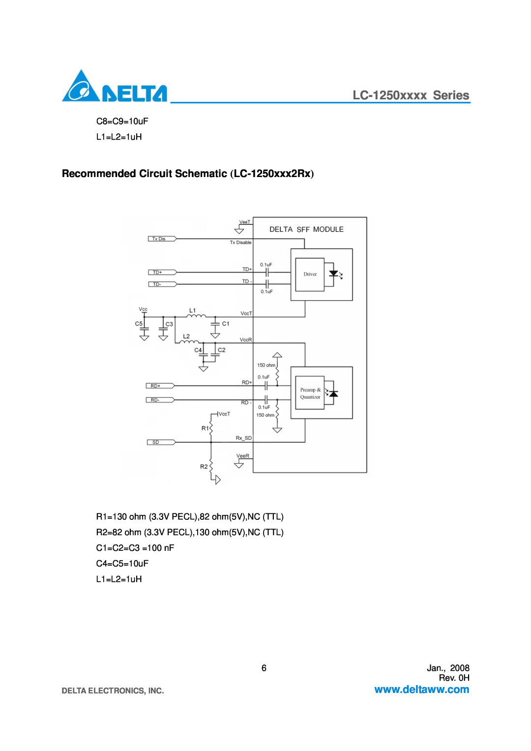 Delta Electronics LC-1250xxxx Series specifications Recommended Circuit Schematic LC-1250xxx2Rx, Delta Electronics, Inc 