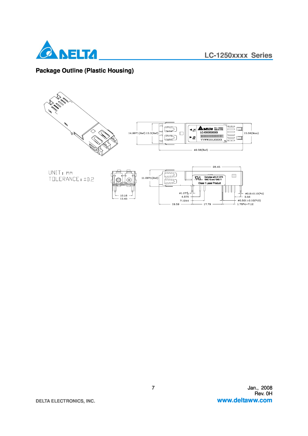 Delta Electronics LC-1250xxxx Series specifications Package Outline Plastic Housing, Delta Electronics, Inc 