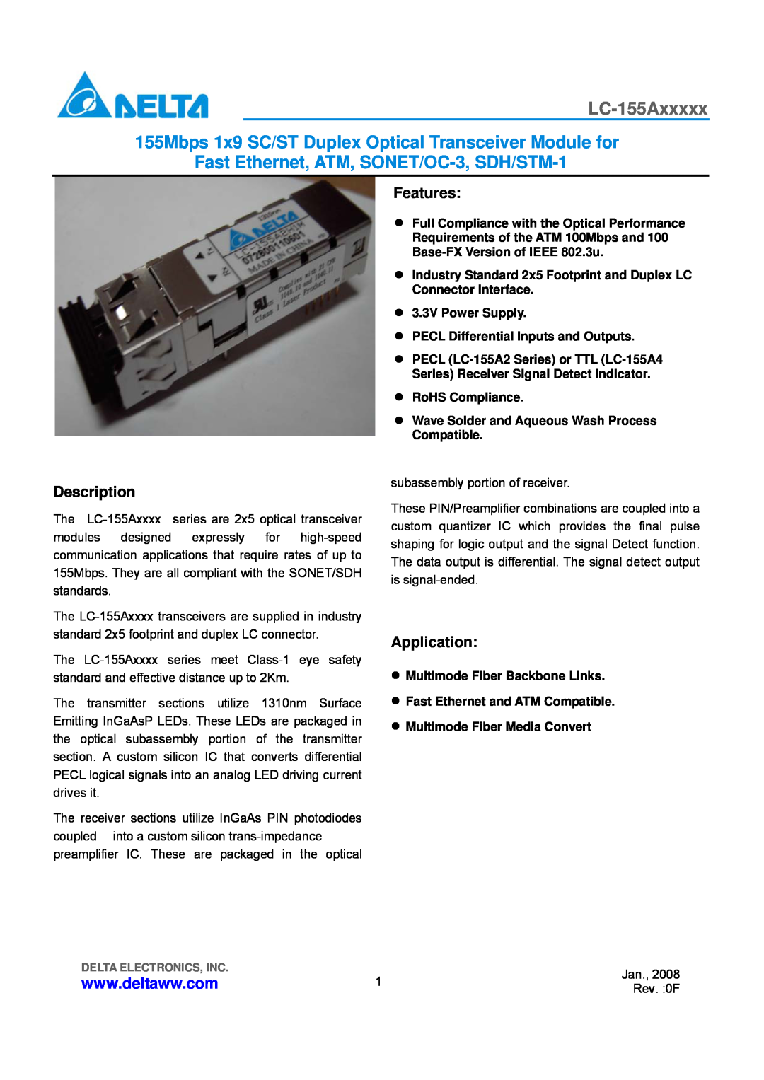 Delta Electronics LC-155Axxxxx manual Features, Description, Application 