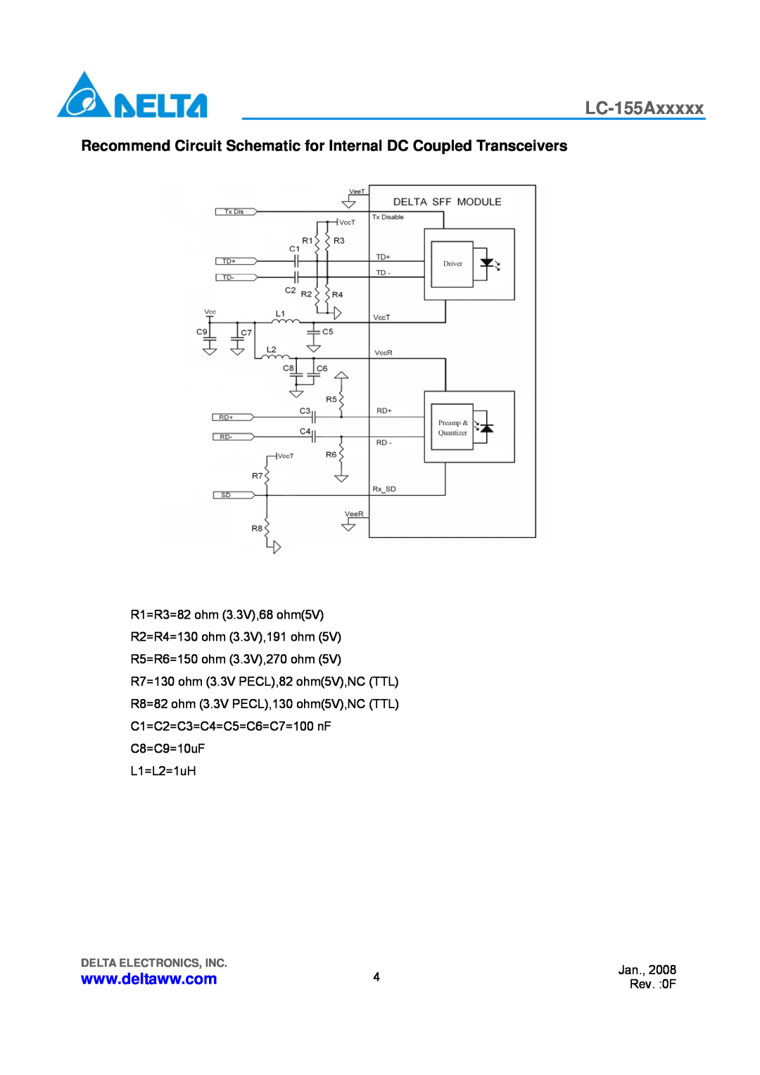 Delta Electronics LC-155Axxxxx manual Recommend Circuit Schematic for Internal DC Coupled Transceivers, L1=L2=1uH 