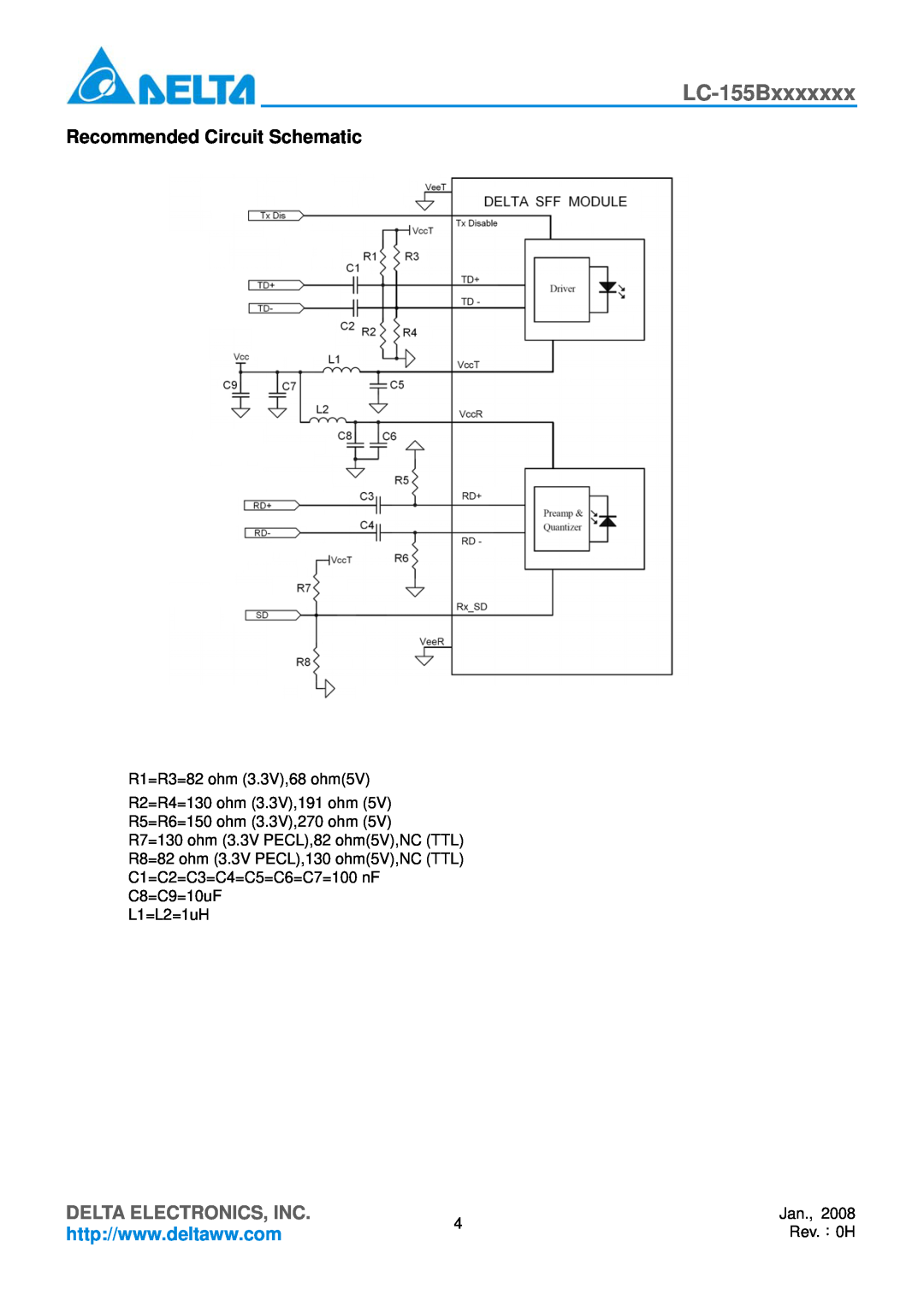 Delta Electronics LC-155Bxxxxxxx manual Recommended Circuit Schematic, Delta Electronics, Inc, R1=R3=82 ohm 3.3V,68 ohm5V 