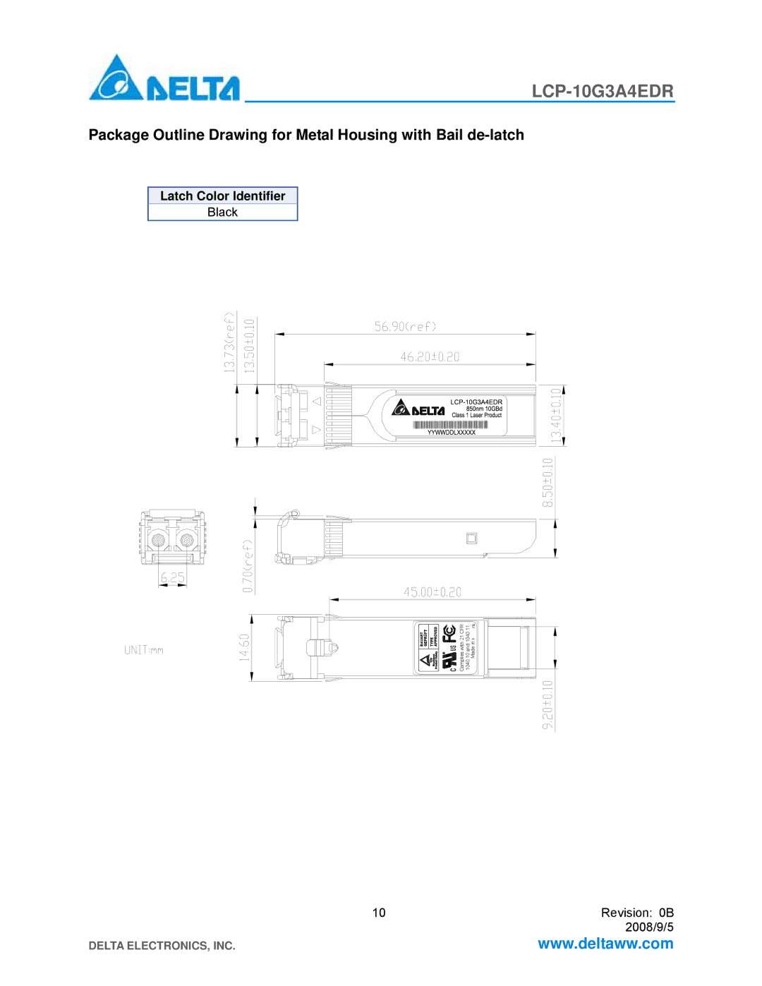 Delta Electronics LCP-10G3A4EDR manual Package Outline Drawing for Metal Housing with Bail de-latch, Latch Color Identifier 