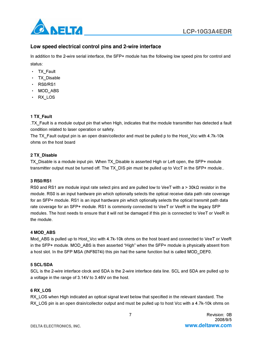 Delta Electronics LCP-10G3A4EDR manual Low speed electrical control pins and 2-wire interface, TXFault, TXDisable, RS0/RS1 
