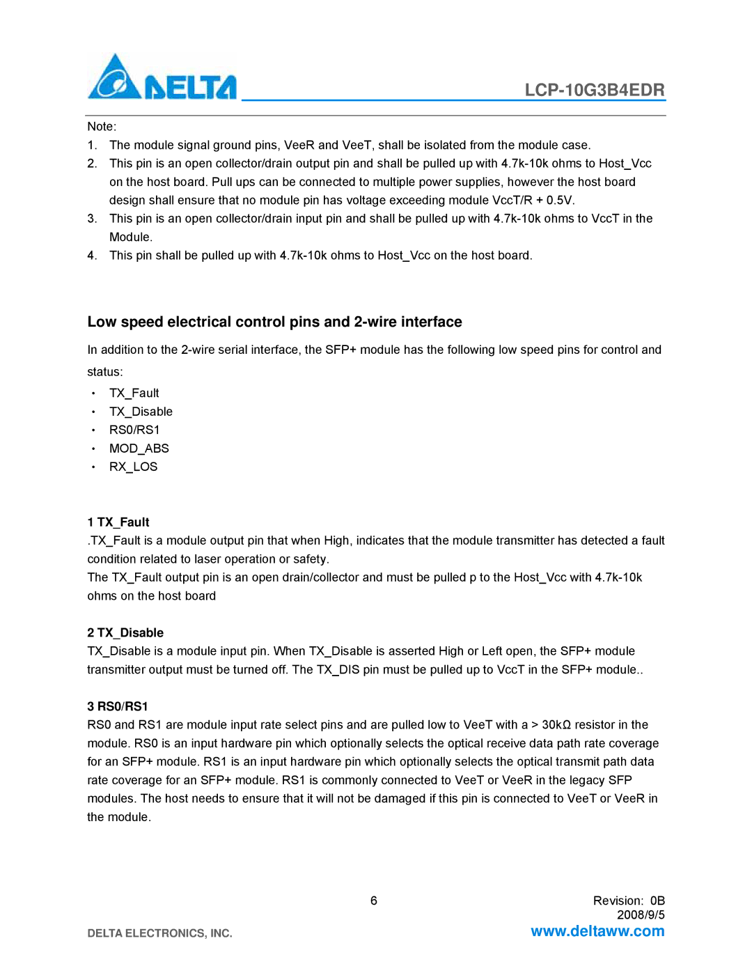 Delta Electronics LCP-10G3B4EDR Low speed electrical control pins and 2-wire interface, ‧ Modabs ‧ Rxlos, TXFault, RS0/RS1 