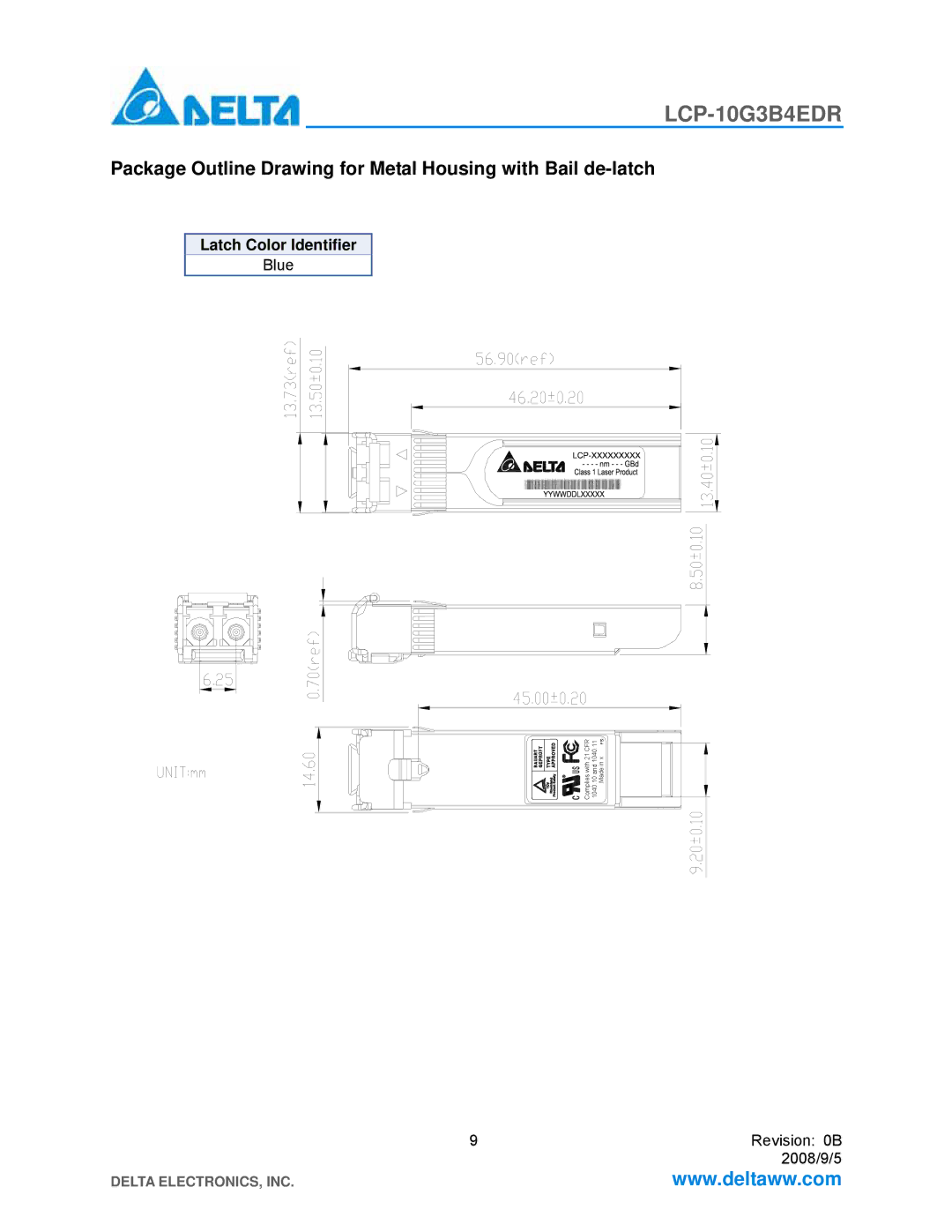 Delta Electronics LCP-10G3B4EDR manual Package Outline Drawing for Metal Housing with Bail de-latch, Latch Color Identifier 