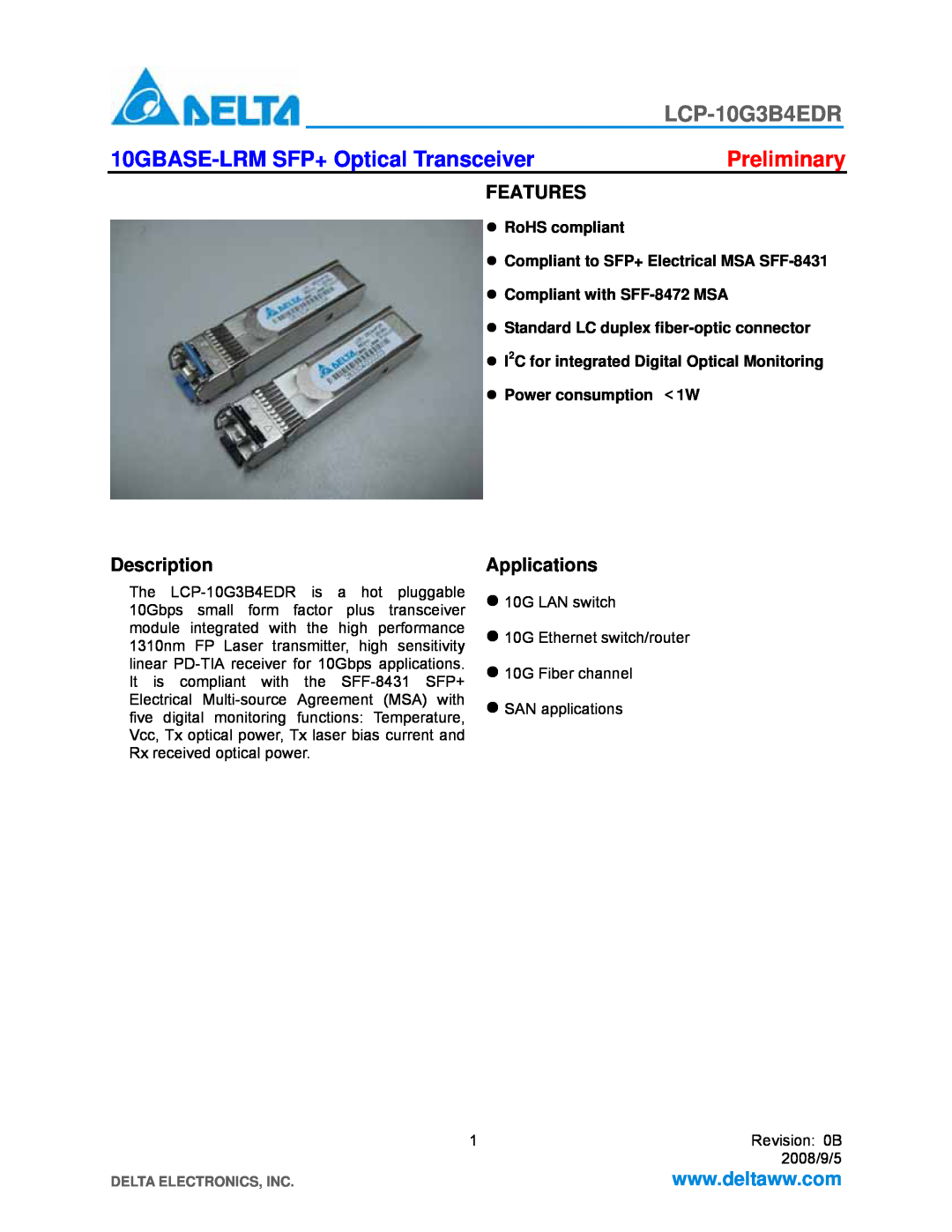 Delta Electronics LCP-10G3B4EDR manual Features, Description, Applications, 10GBASE-LRM SFP+ Optical Transceiver 