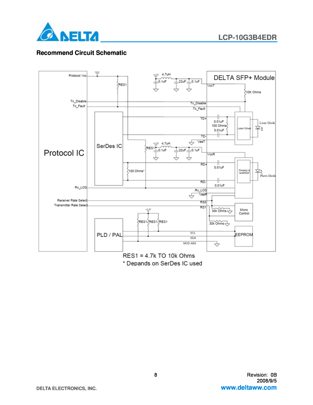 Delta Electronics LCP-10G3B4EDR manual Recommend Circuit Schematic, Delta Electronics, Inc 