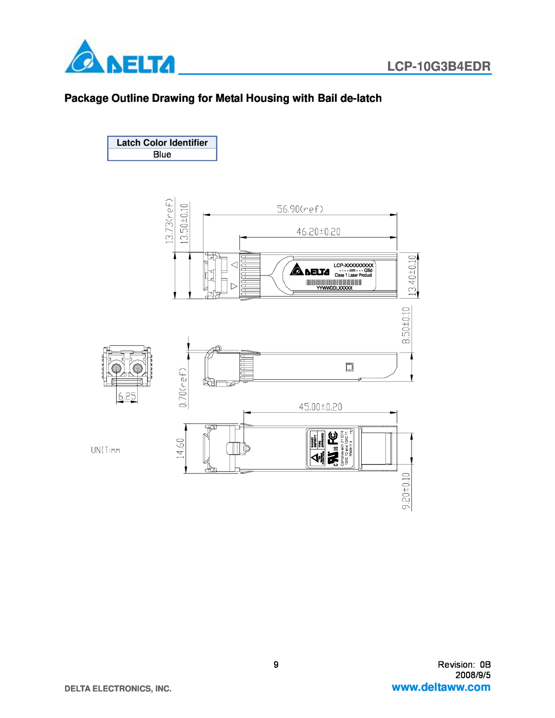 Delta Electronics LCP-10G3B4EDR manual Package Outline Drawing for Metal Housing with Bail de-latch, Latch Color Identifier 