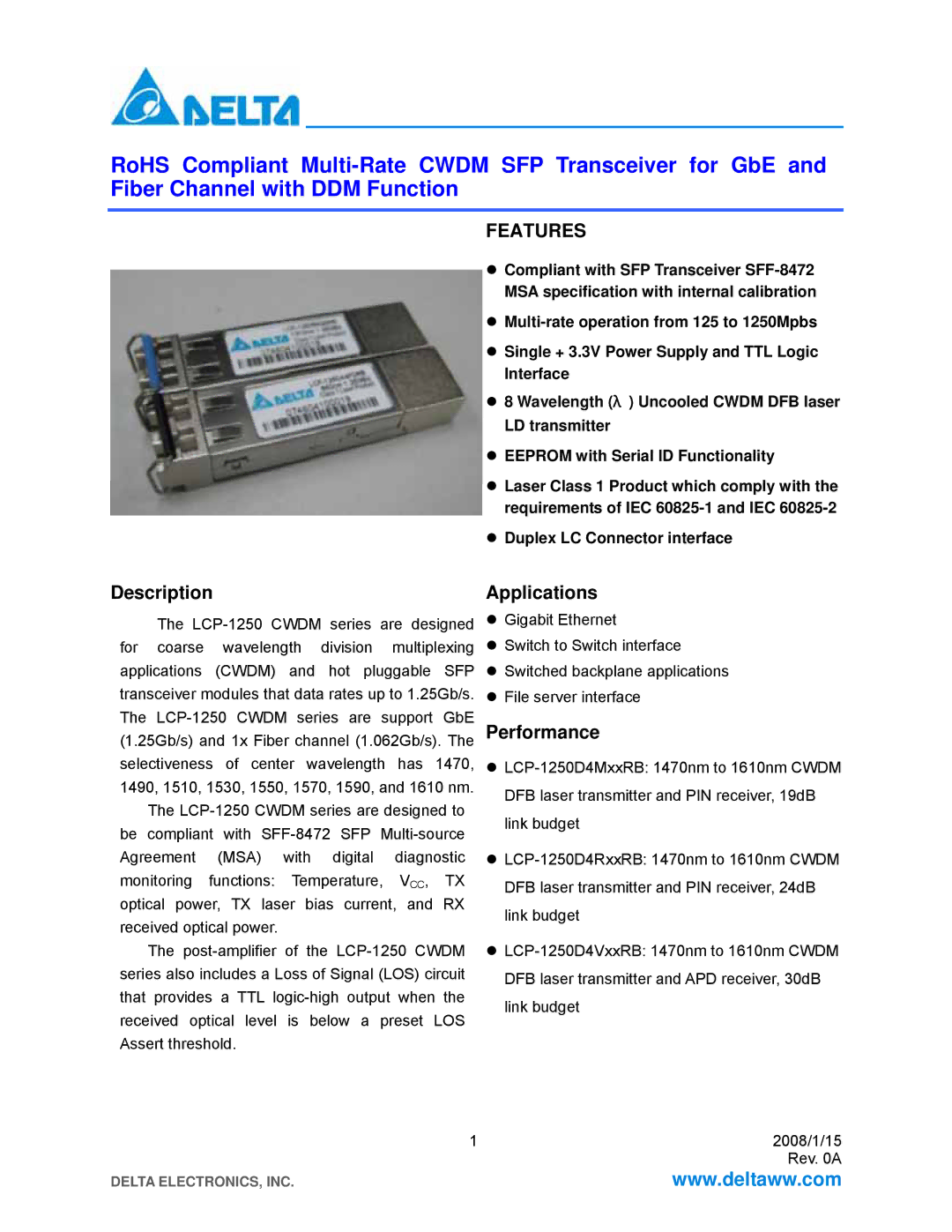 Delta Electronics LCP-1250 CWDM manual Description, Applications, Performance 