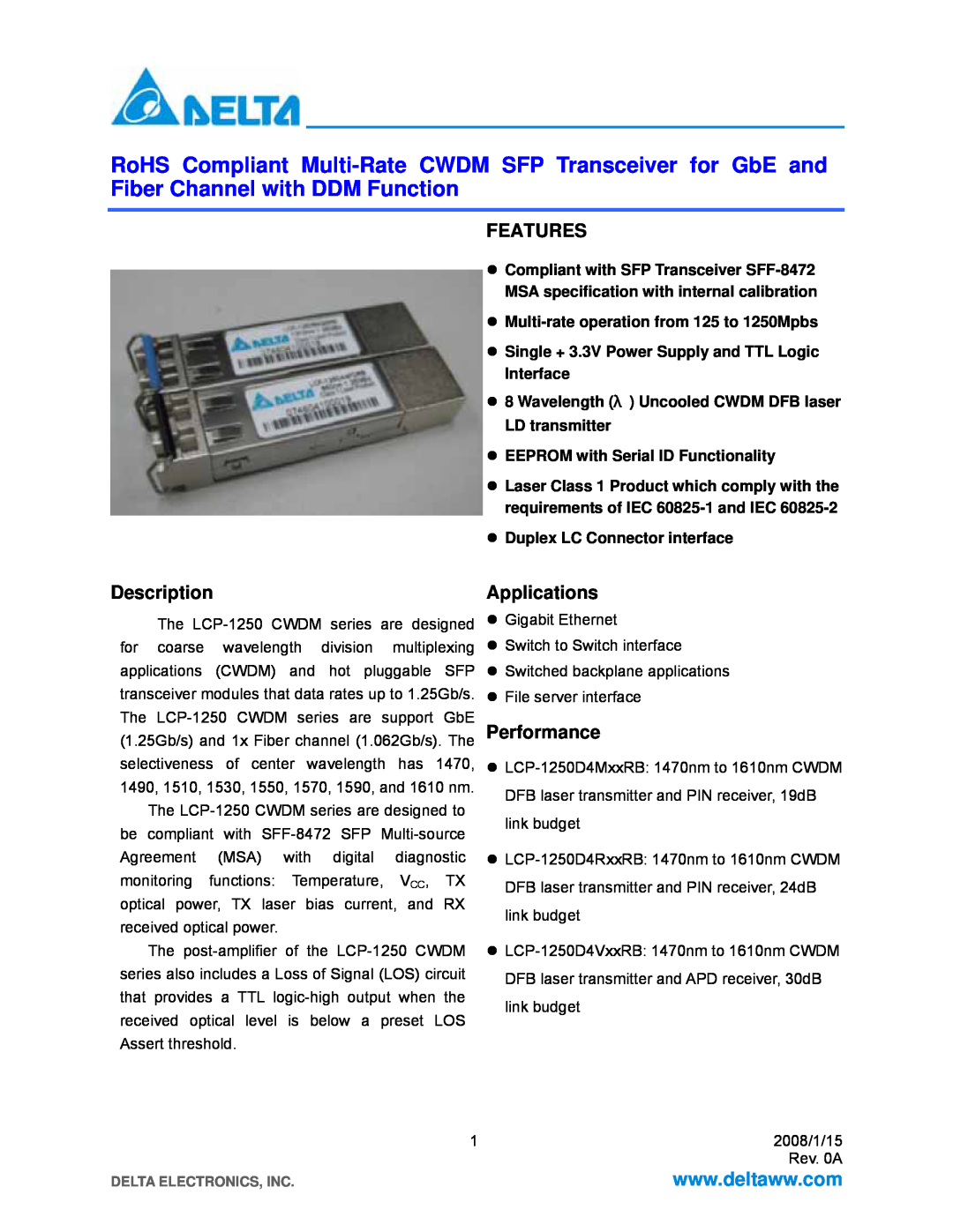 Delta Electronics LCP-1250 CWDM manual Features, Description, Applications, Performance, Duplex LC Connector interface 