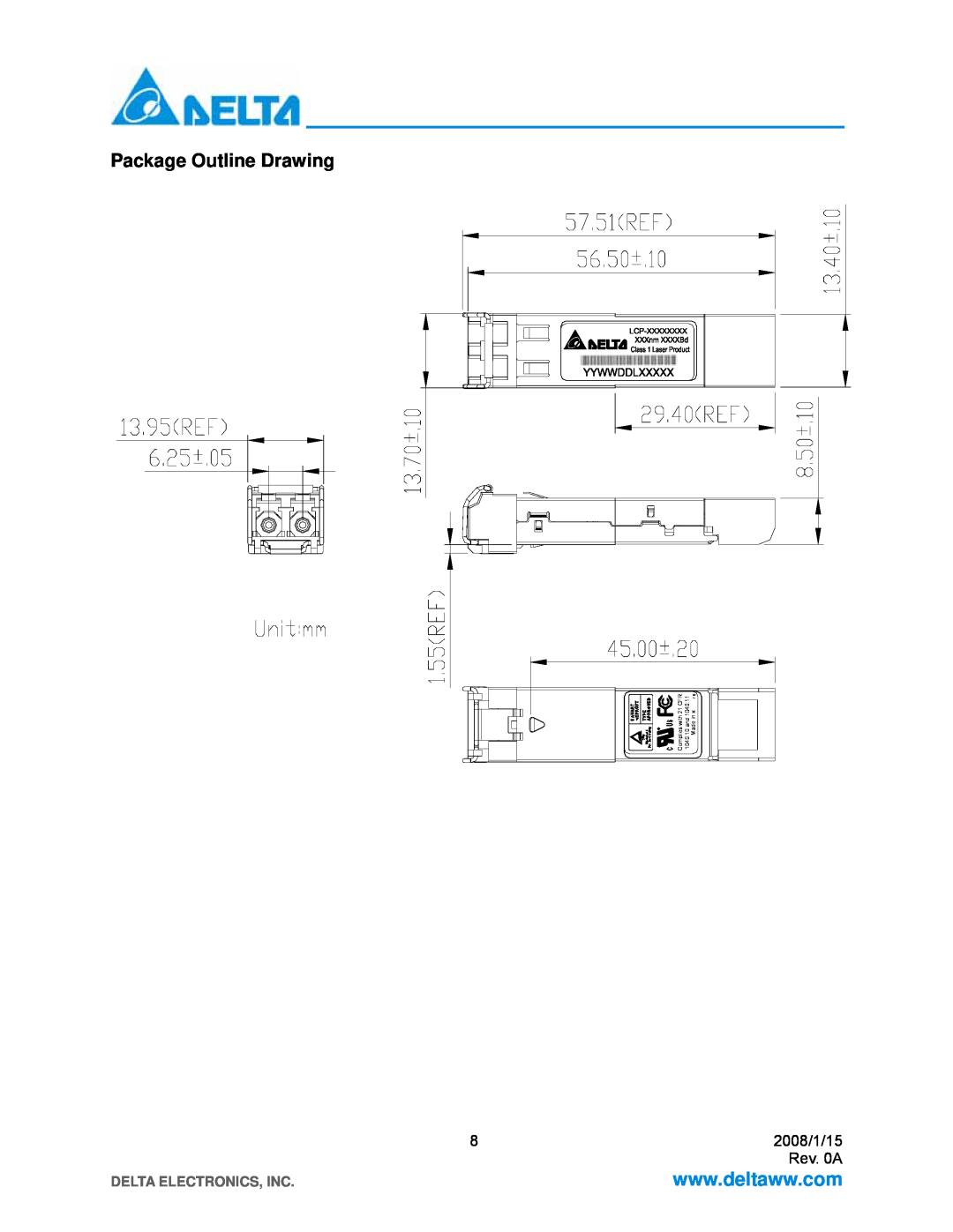Delta Electronics LCP-1250 CWDM manual Package Outline Drawing, Delta Electronics, Inc 
