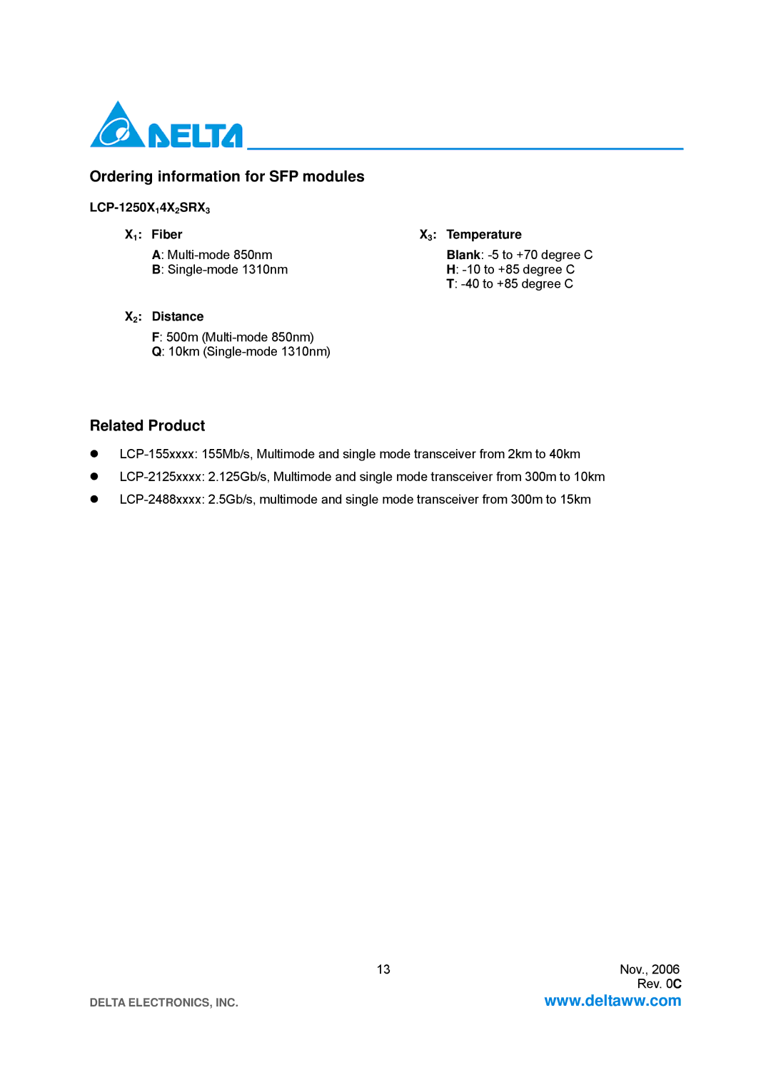 Delta Electronics LCP-1250A4FSRH, LCP-1250A4FSRT specifications Ordering information for SFP modules, Related Product 