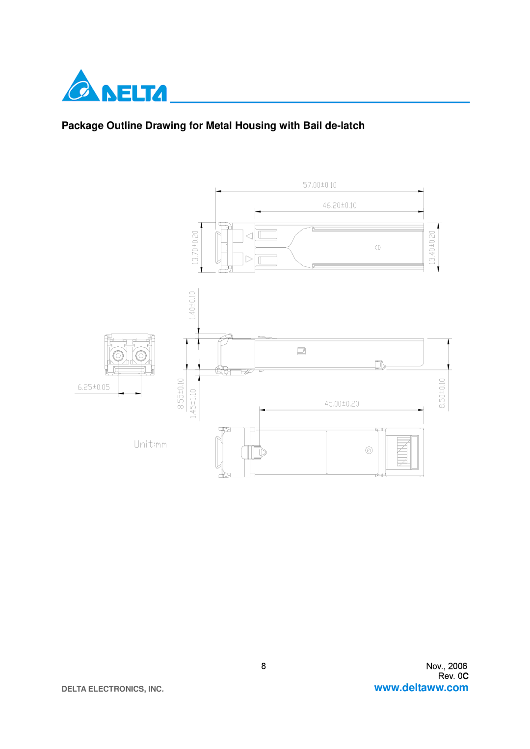 Delta Electronics LCP-1250A4FSRT, LCP-1250A4FSRH specifications Package Outline Drawing for Metal Housing with Bail de-latch 