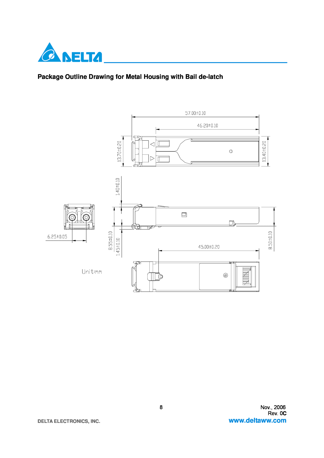 Delta Electronics LCP-1250A4FSRT, LCP-1250A4FSRH Package Outline Drawing for Metal Housing with Bail de-latch, Rev. 0C 