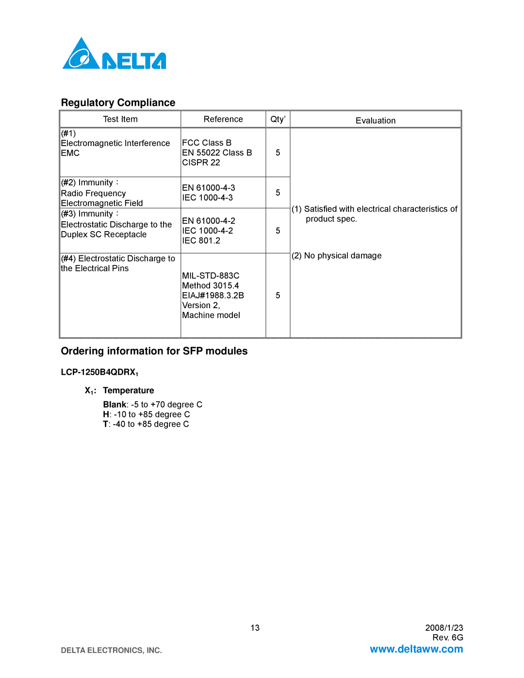 Delta Electronics LCP-1250B4QDRx specifications Regulatory Compliance, Ordering information for SFP modules, X1 Temperature 