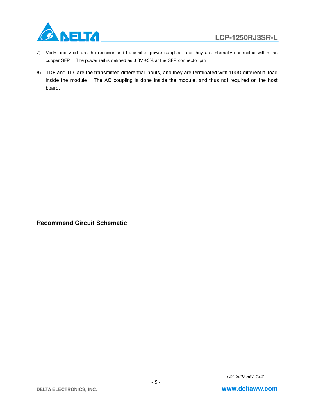 Delta Electronics LCP-1250RJ3SR-L specifications Recommend Circuit Schematic 