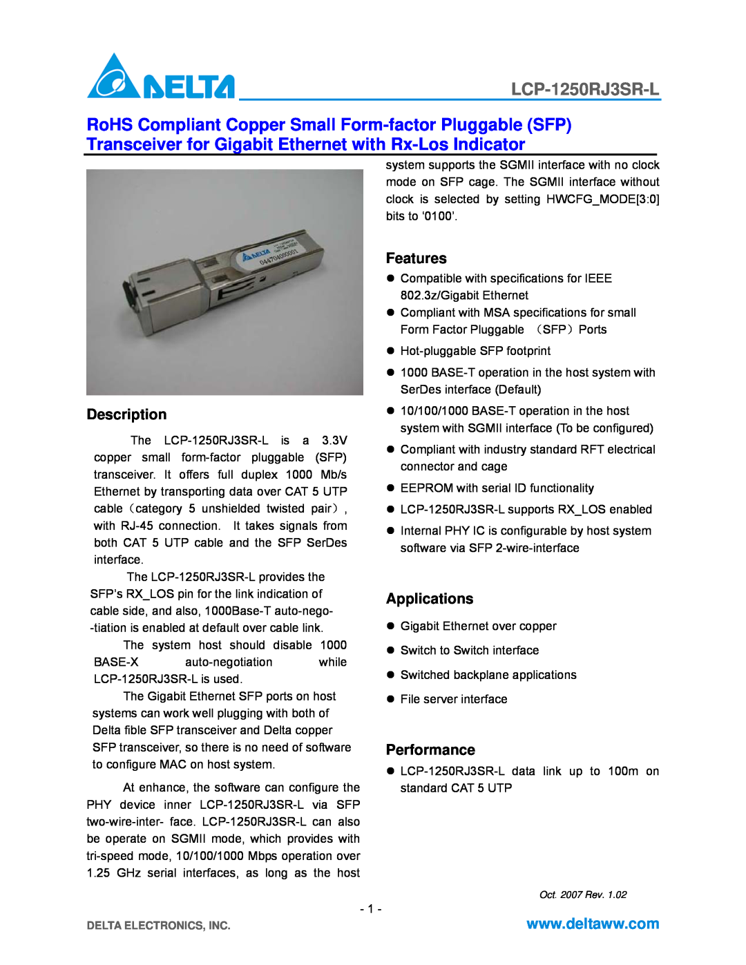 Delta Electronics LCP-1250RJ3SR-L specifications Description, Features, Applications, Performance 