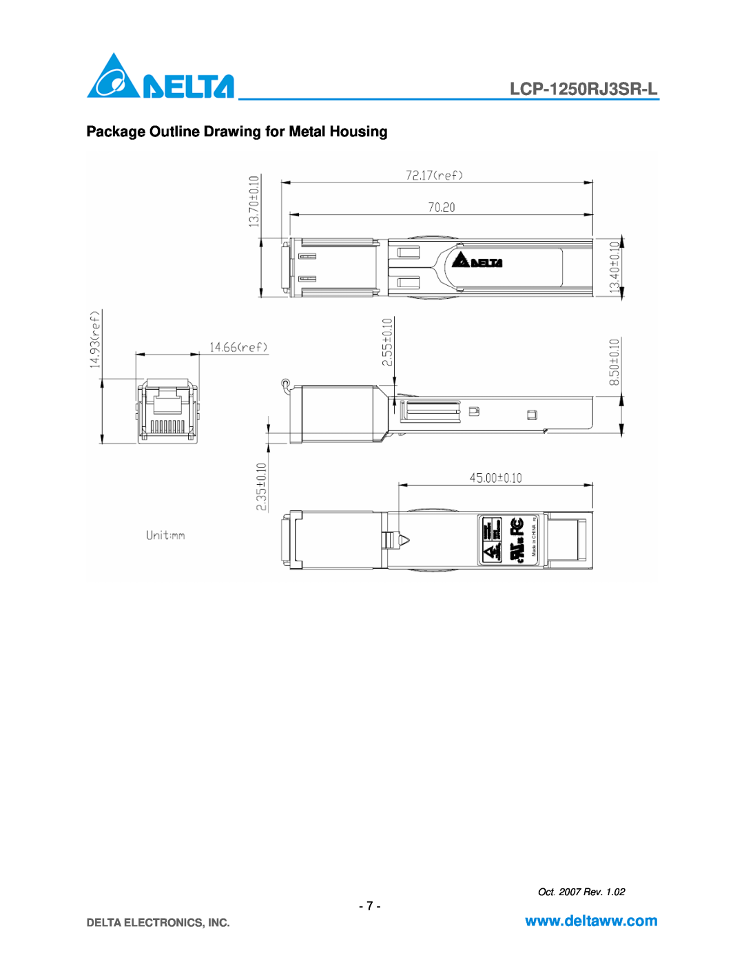 Delta Electronics LCP-1250RJ3SR-L Package Outline Drawing for Metal Housing, Delta Electronics, Inc, Oct . 2007 Rev 