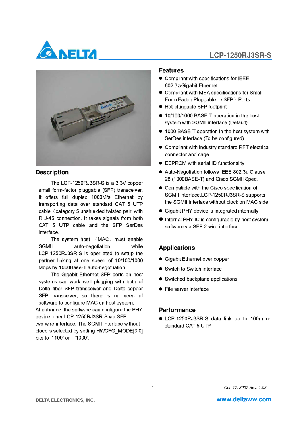 Delta Electronics LCP-1250RJ3SR-S specifications Description, Features, Applications, Performance 