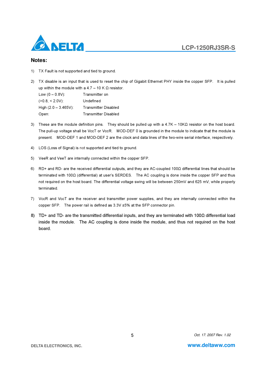 Delta Electronics LCP-1250RJ3SR-S specifications Transmitter Disabled 