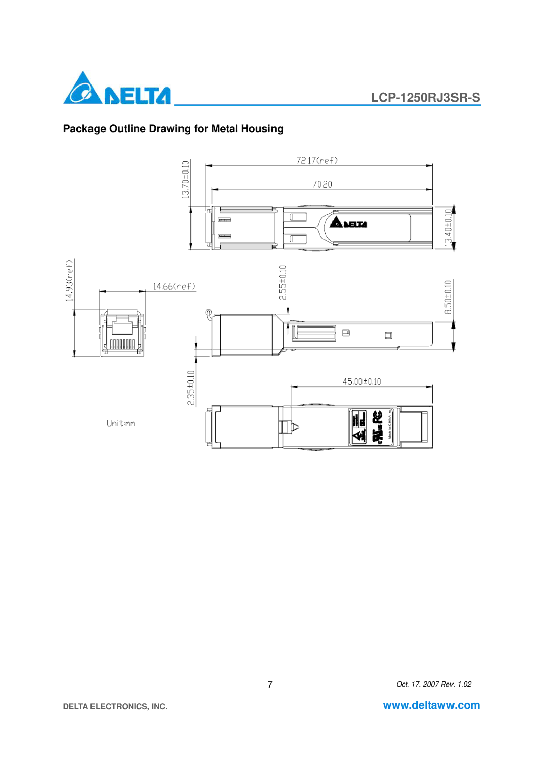 Delta Electronics LCP-1250RJ3SR-S specifications Package Outline Drawing for Metal Housing 