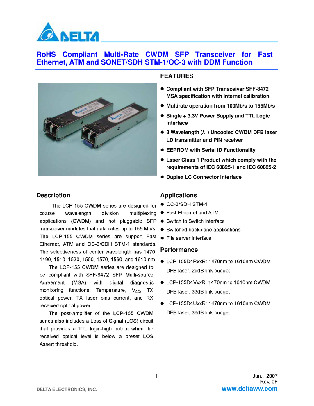 Delta Electronics LCP-155 CWDM manual Description, Applications, Performance, OC-3/SDH STM-1 