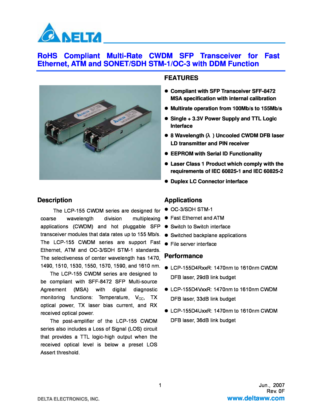 Delta Electronics LCP-155 CWDM manual Features, Description, Applications, Performance, Duplex LC Connector interface 