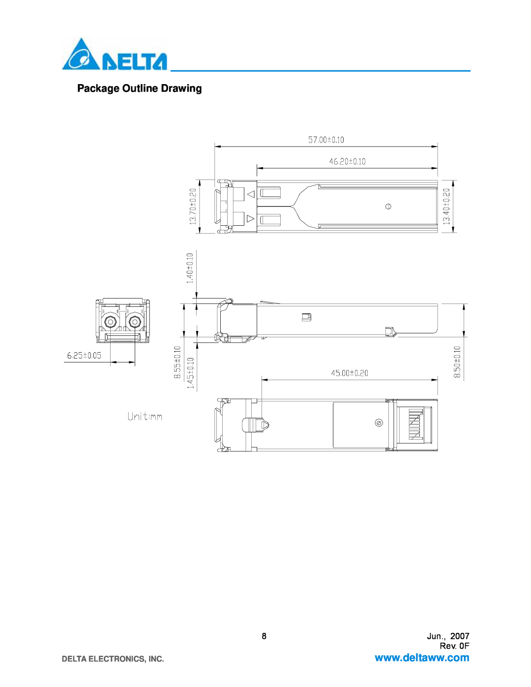 Delta Electronics LCP-155 CWDM manual Package Outline Drawing, Rev. 0F, Delta Electronics, Inc 