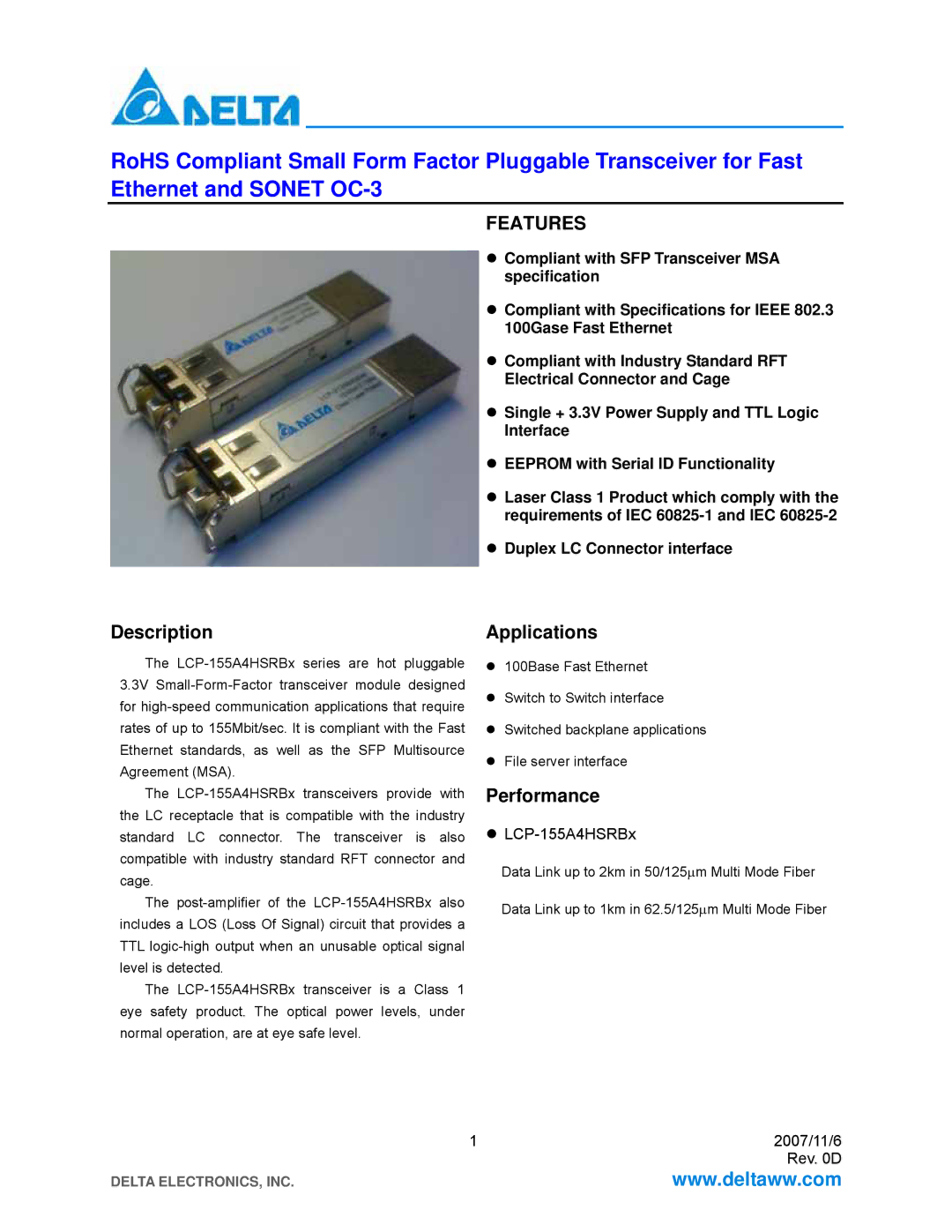 Delta Electronics LCP-155A4HSRBx specifications Description, Applications, Performance 