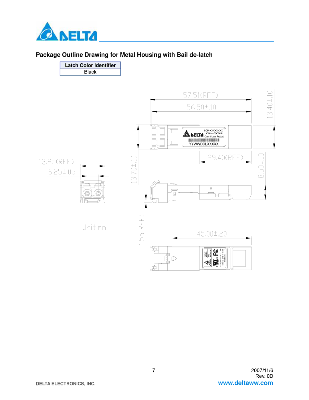 Delta Electronics LCP-155A4HSRBx Package Outline Drawing for Metal Housing with Bail de-latch, Latch Color Identifier 