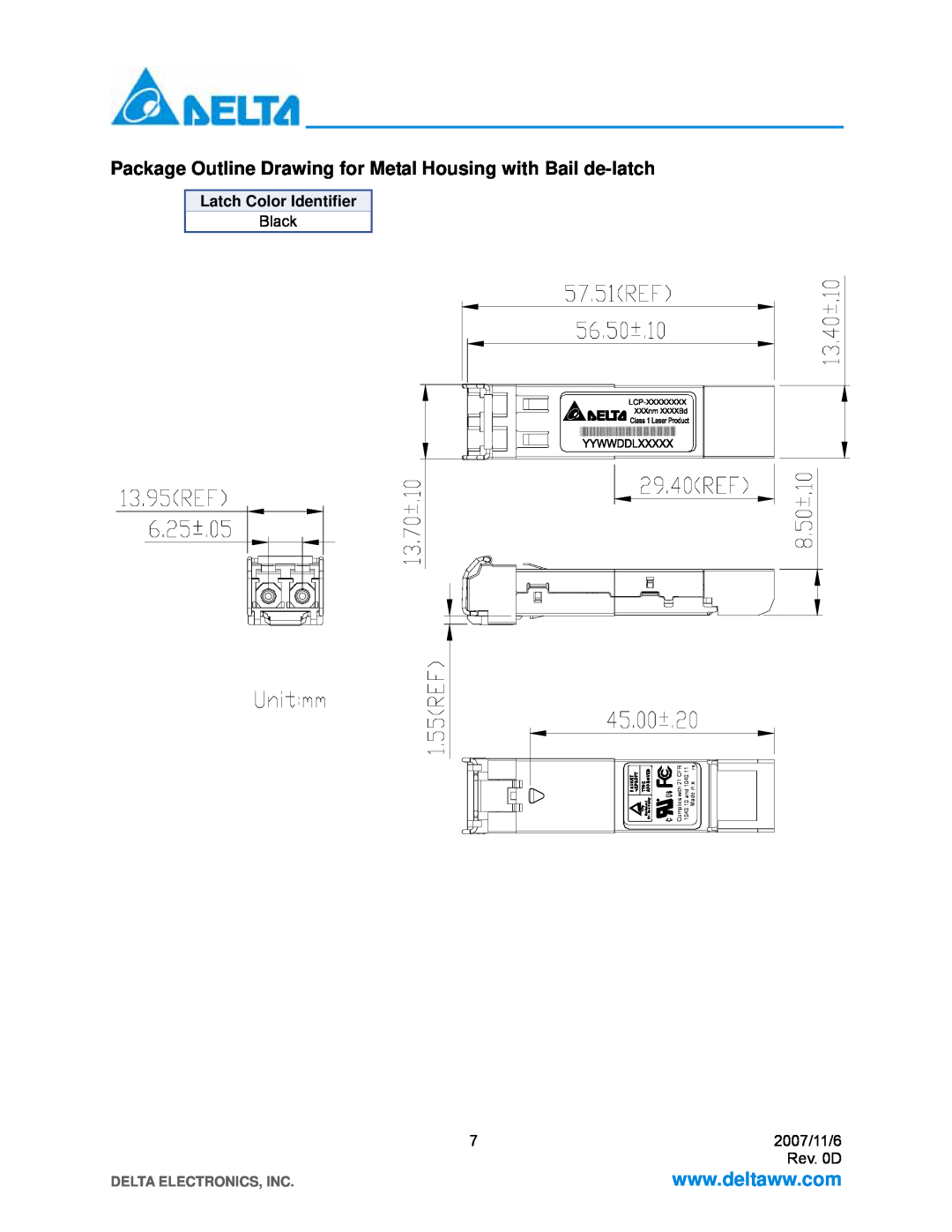 Delta Electronics LCP-155A4HSRBx Package Outline Drawing for Metal Housing with Bail de-latch, Latch Color Identifier 