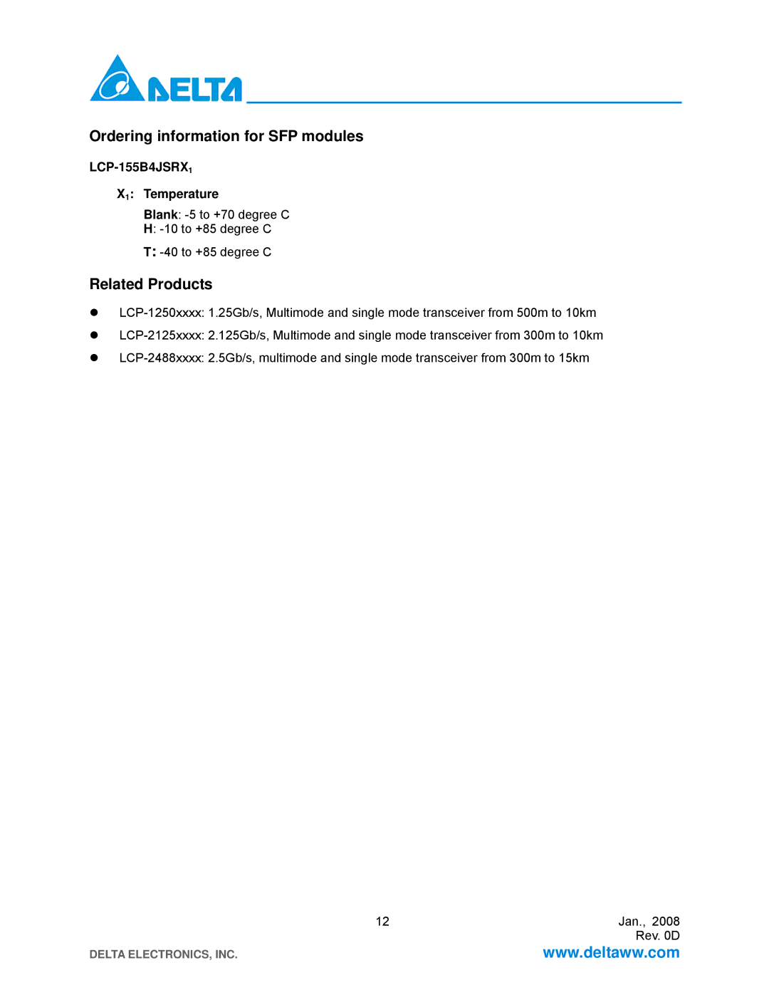 Delta Electronics LCP-155B4JSRx manual Ordering information for SFP modules, Related Products 