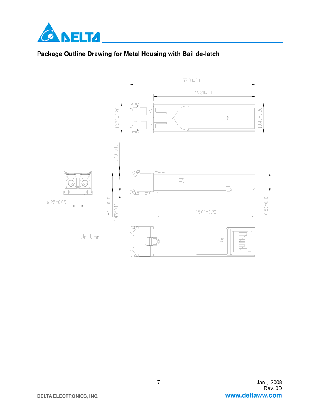 Delta Electronics LCP-155B4JSRx manual Package Outline Drawing for Metal Housing with Bail de-latch 