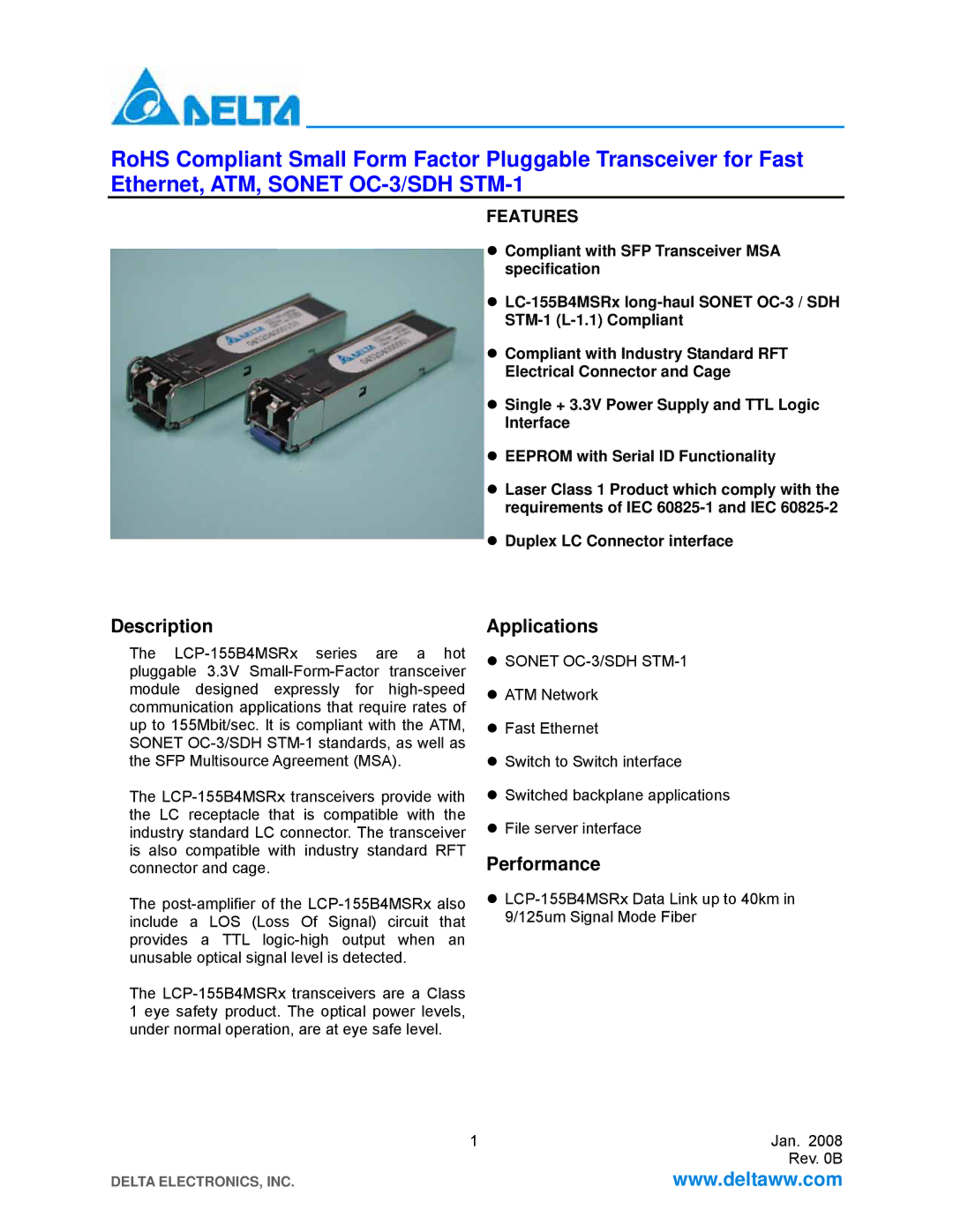 Delta Electronics LCP-155B4MSRx manual Description, Applications, Performance, Sonet OC-3/SDH STM-1 