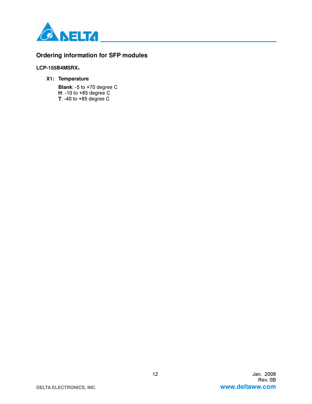 Delta Electronics LCP-155B4MSRx manual Ordering information for SFP modules, LCP-155B4MSRX1 