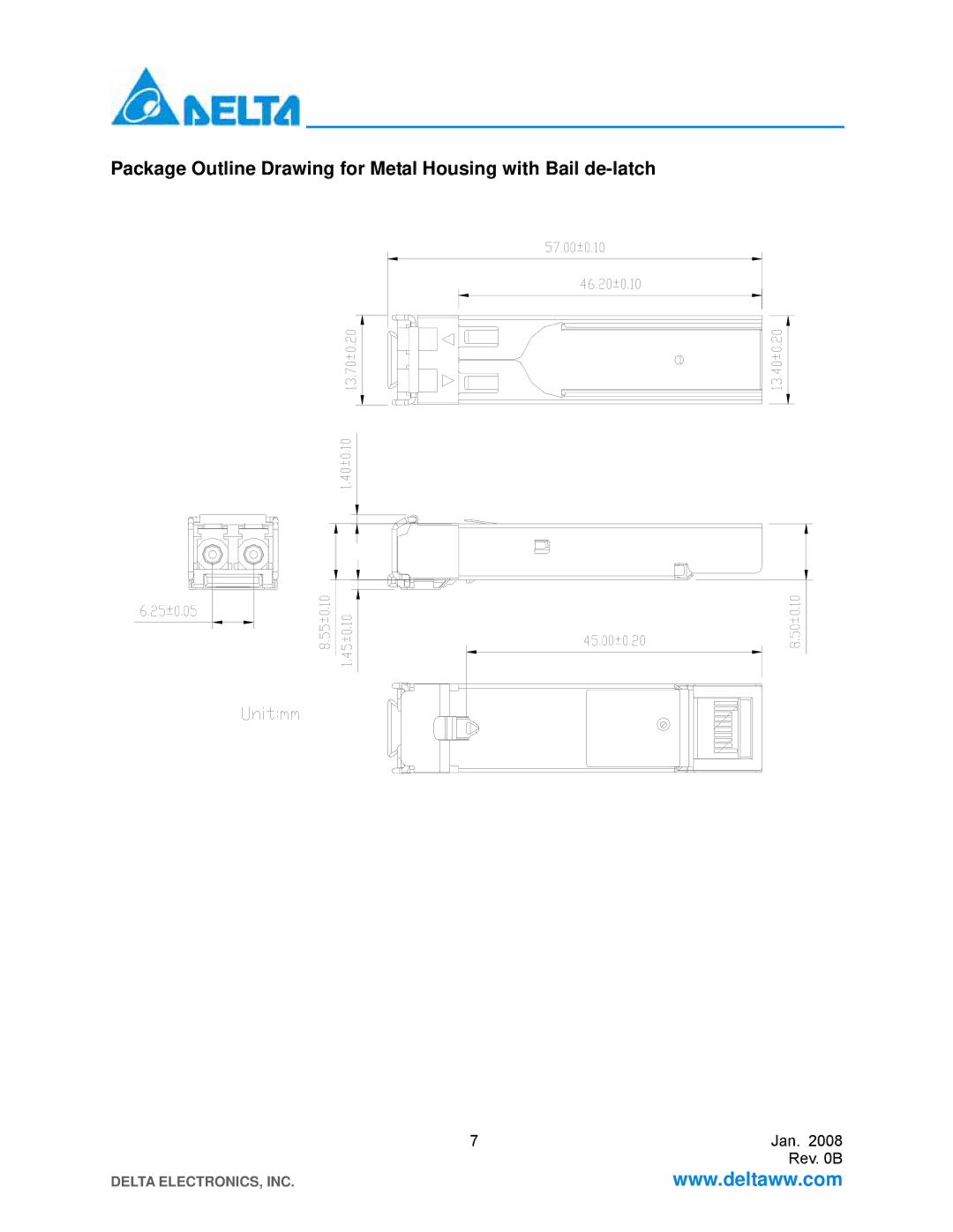 Delta Electronics LCP-155B4MSRx manual Package Outline Drawing for Metal Housing with Bail de-latch 